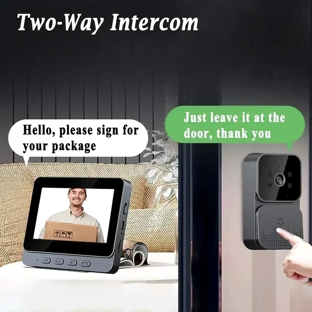 Black smart video doorbell with 4.3 inch screen, night vision, integrated camera, and speaker for secure communication