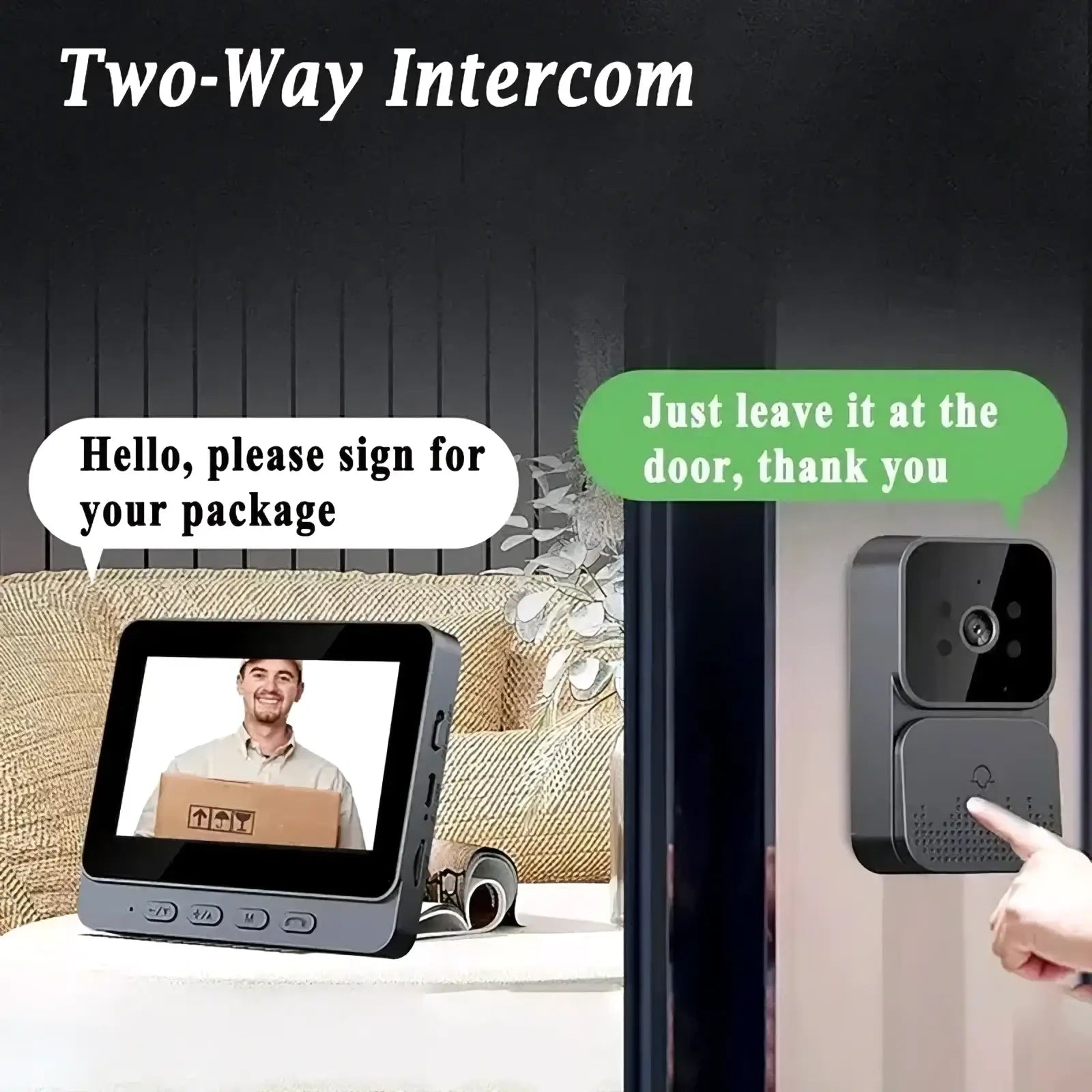 Black smart video doorbell with 4.3 inch screen, night vision, integrated camera, and speaker for secure communication