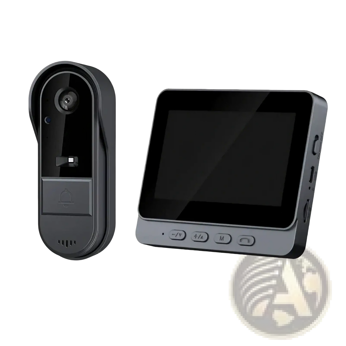 Black and gray smart video doorbell with 4.3 inch screen and night vision featuring a sleek modern design