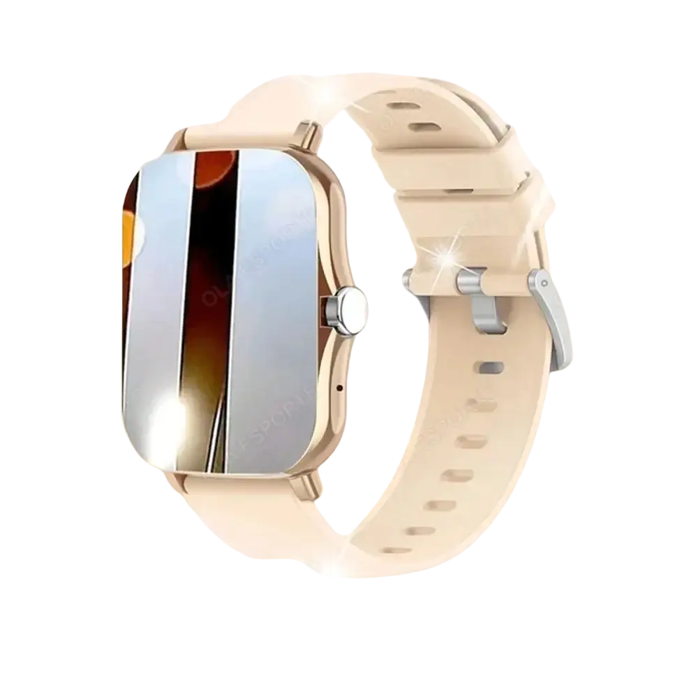 Beige silicone strap smartwatch with a rectangular silver-toned case and reflective screen for bluetooth call fitness tracking