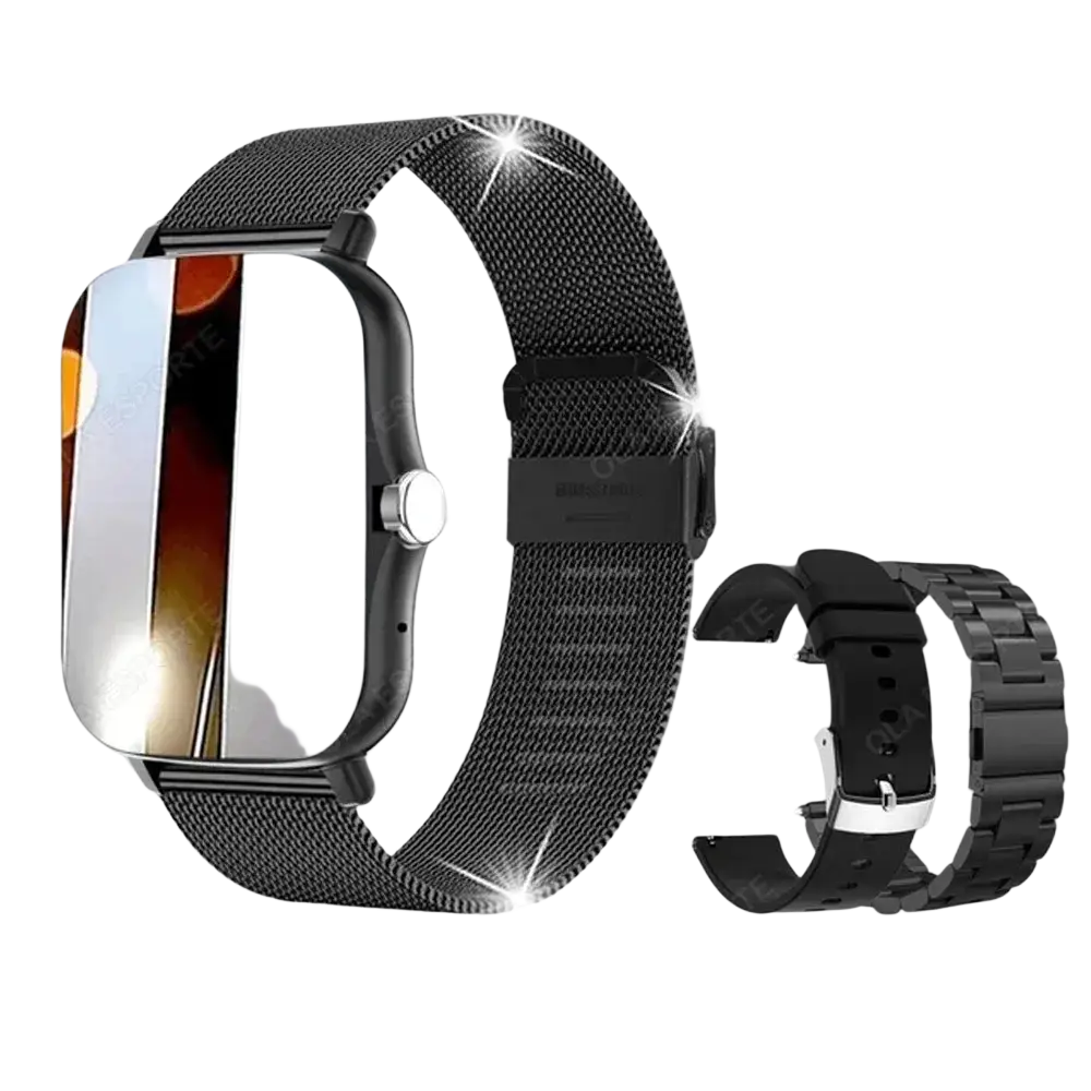 Smart watch 183 inch bluetooth call fitness tracker with black mesh watch band metallic finish and modern design
