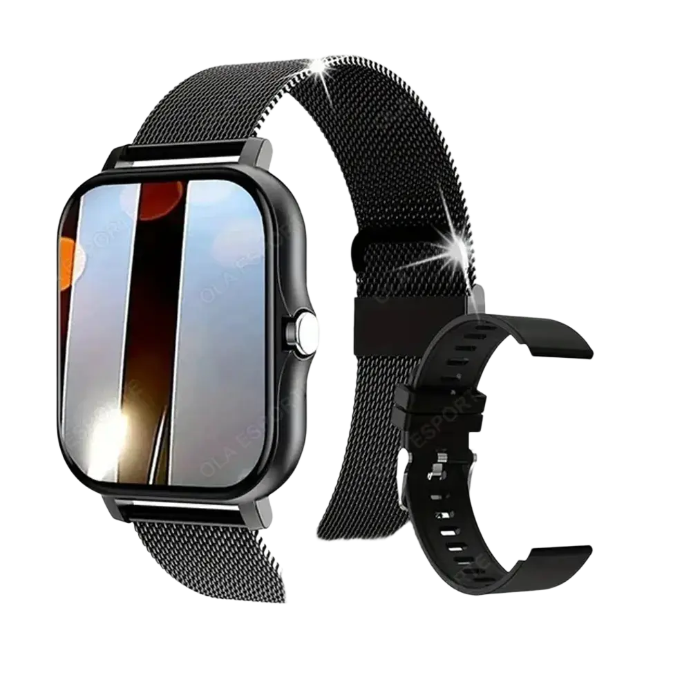 Black mesh watch band with metallic finish for smart watch 1.83 inch bluetooth call fitness tracker with modern design