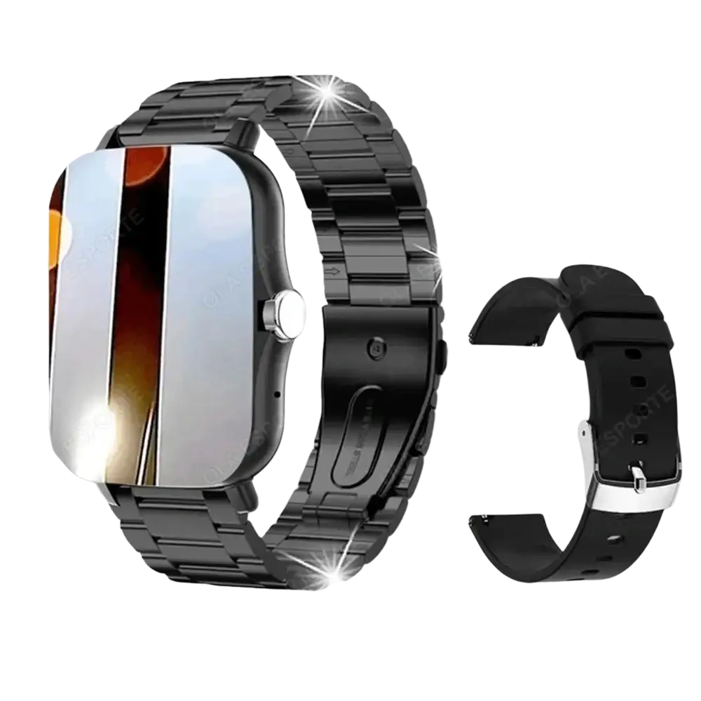 Smart watch 1.83 inch bluetooth call fitness tracker with black metal watch band and matching black silicone strap