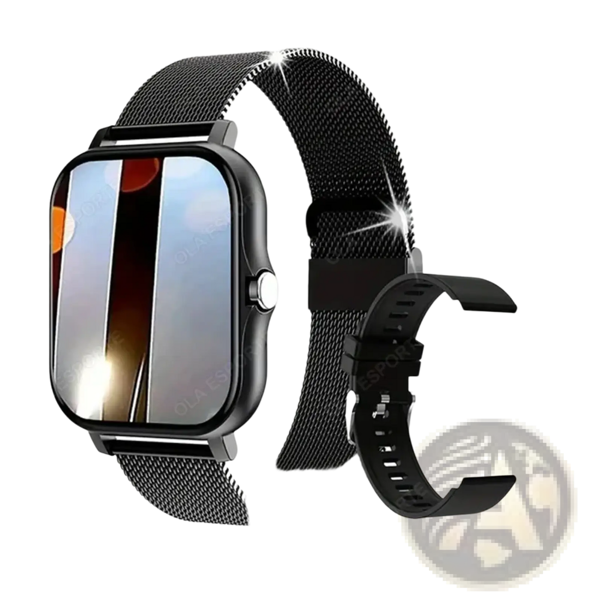 Black mesh watch band with metallic finish for smart watch 1.83 inch bluetooth call fitness tracker with modern design