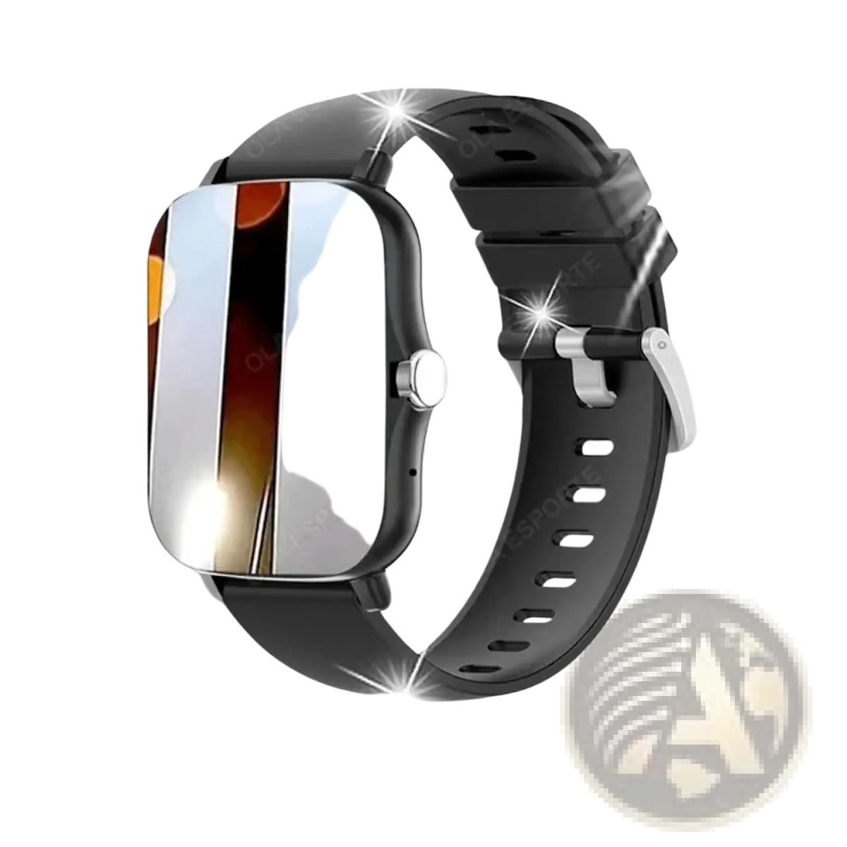 Black silicone strap smartwatch with rectangular silver-toned case and reflective screen for fitness tracking and Bluetooth calls