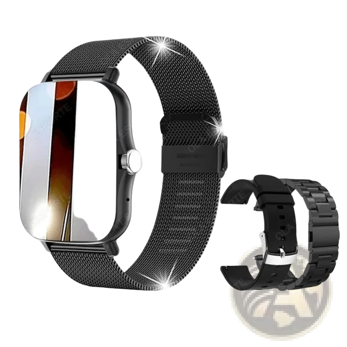 Smart watch 183 inch bluetooth call fitness tracker with black mesh watch band metallic finish and modern design