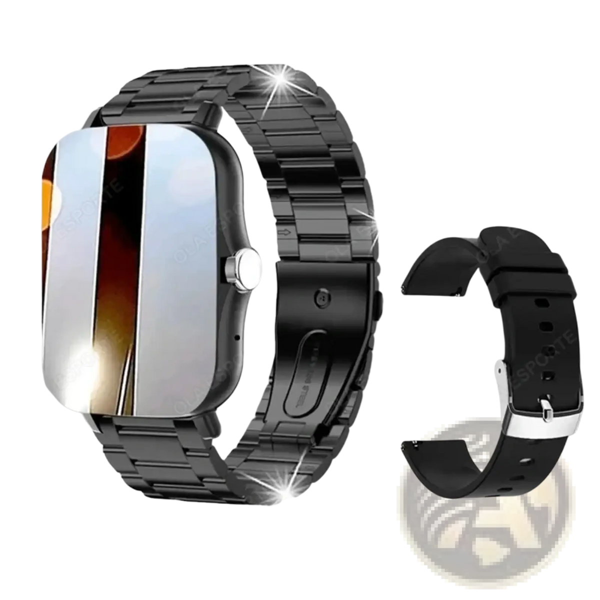 Smart watch 1.83 inch bluetooth call fitness tracker with black metal watch band and matching black silicone strap