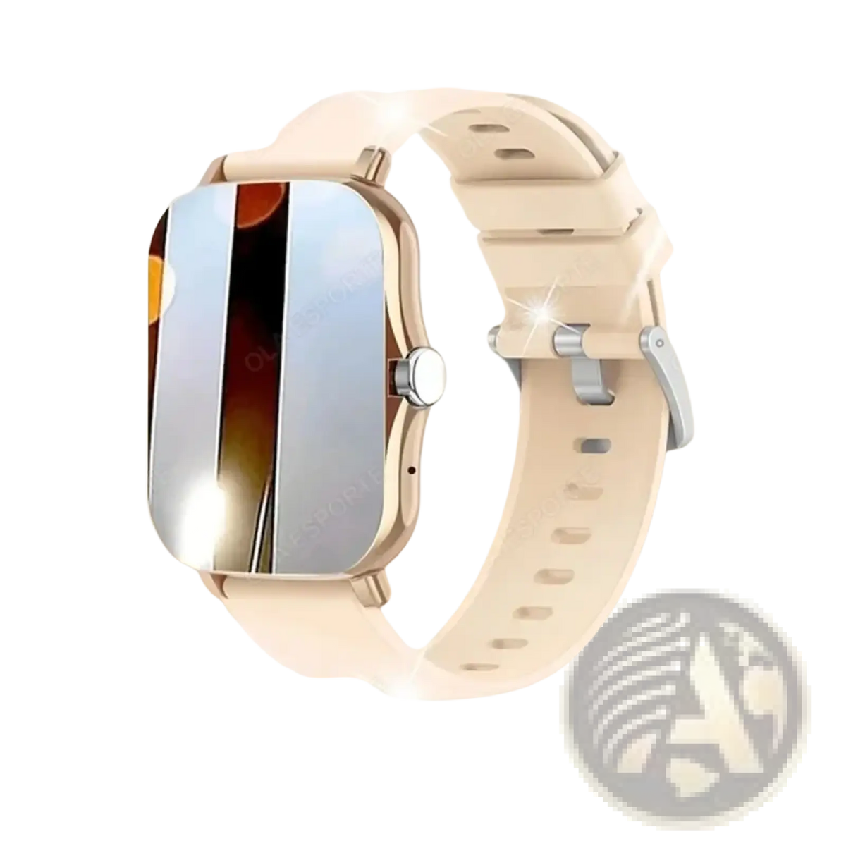 Beige silicone strap smartwatch with a rectangular silver-toned case and reflective screen for bluetooth call fitness tracking
