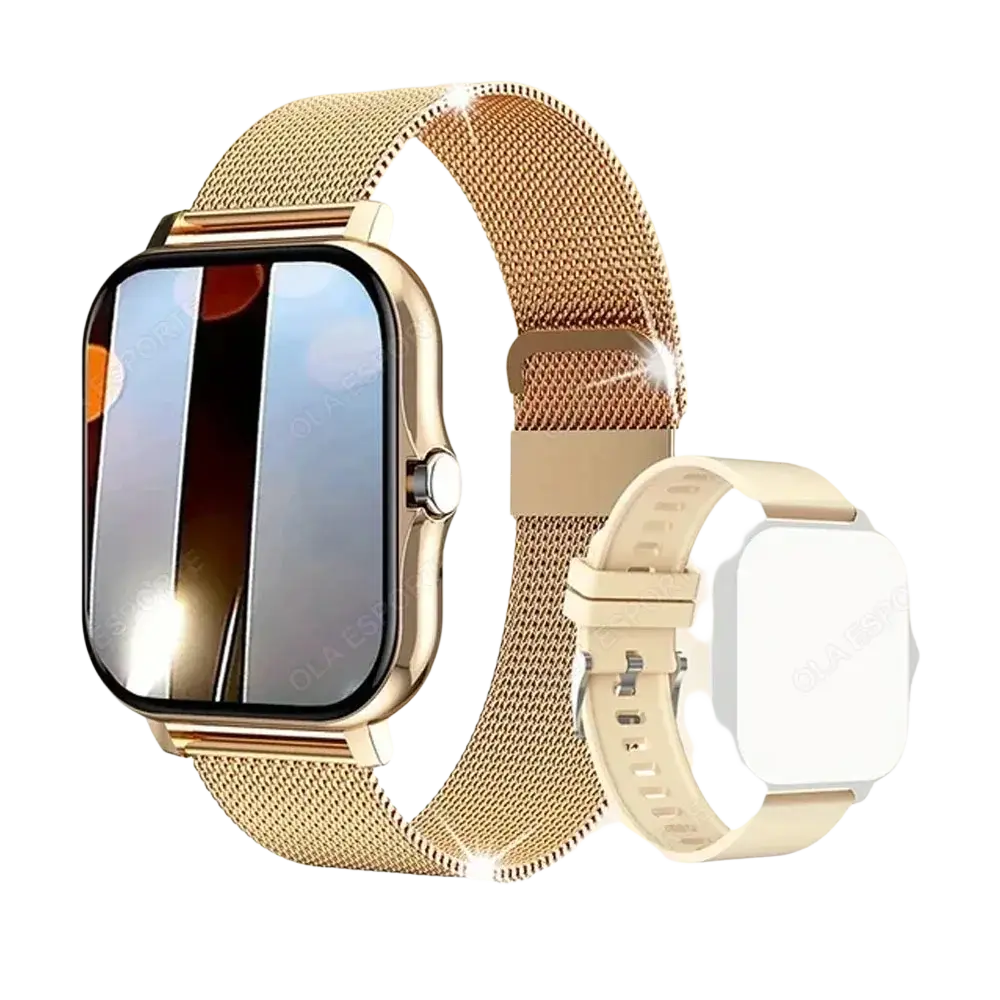 Smart Watch 1.83 inch Bluetooth call fitness tracker with gold mesh band and cream silicone strap