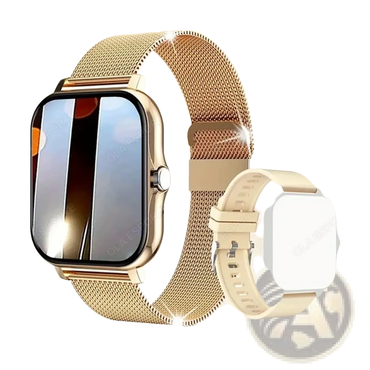 Smart Watch 1.83 inch Bluetooth call fitness tracker with gold mesh band and cream silicone strap