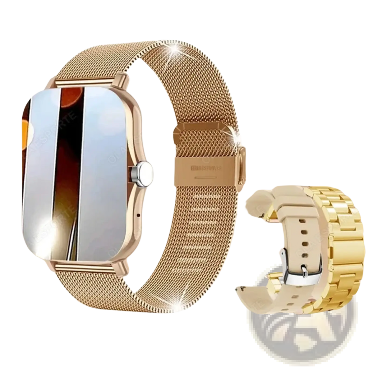 Smart watch 1.83 inch bluetooth call fitness tracker with gold-tone mesh band and polished metal clasp