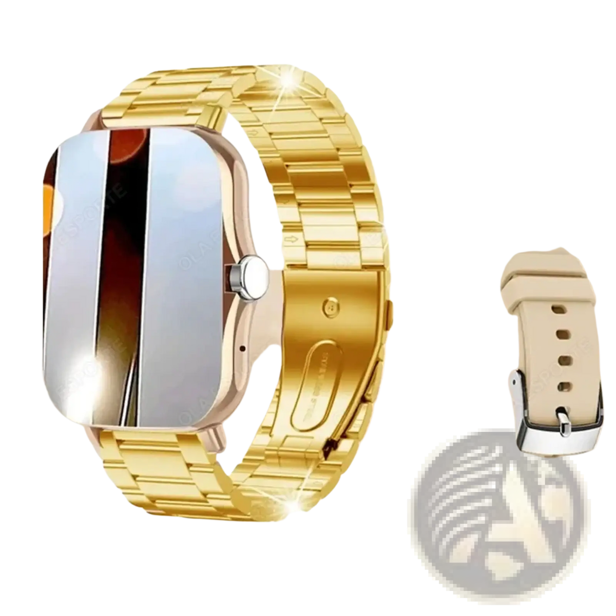 Gold-tone stainless steel smartwatch with 1.83 inch rectangular face, Bluetooth call, fitness tracker, and off-white silicone strap