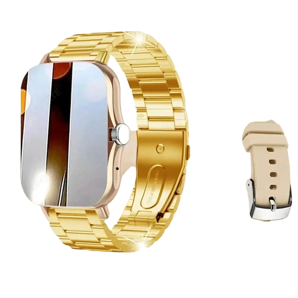 Gold-tone stainless steel smartwatch with 1.83 inch rectangular face, Bluetooth call, fitness tracker, and off-white silicone strap
