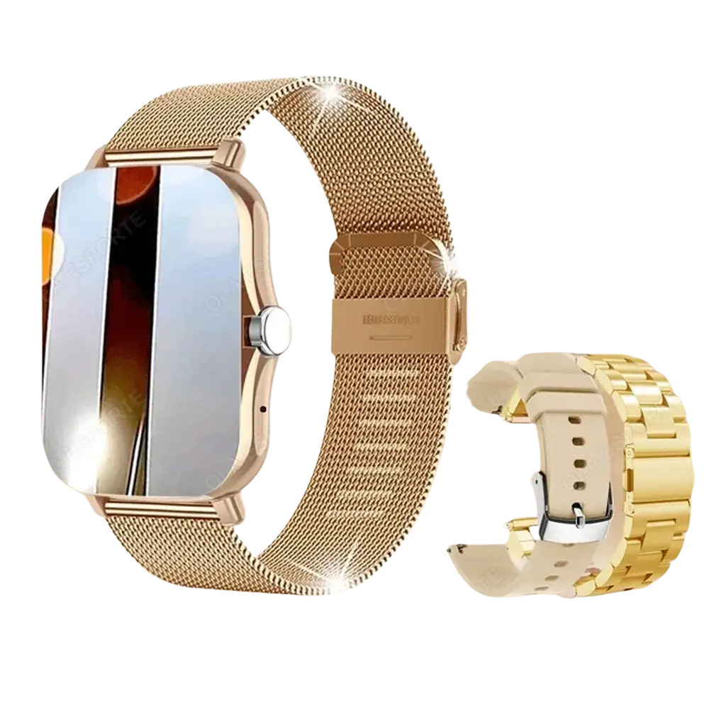 Smart watch 1.83 inch bluetooth call fitness tracker with gold-tone mesh band and polished metal clasp