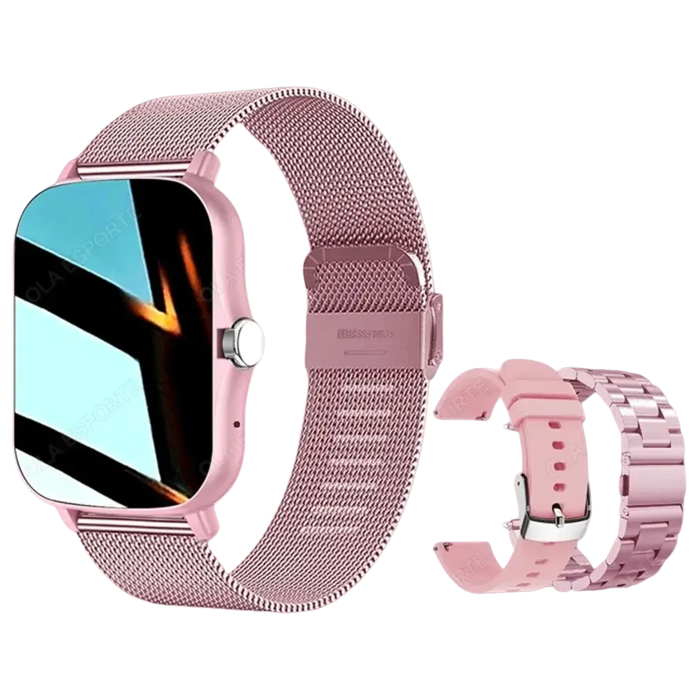 Pink mesh metal smartwatch with 1.83 inch rectangular screen and matching milanese band plus extra silicone strap for fitness tracking
