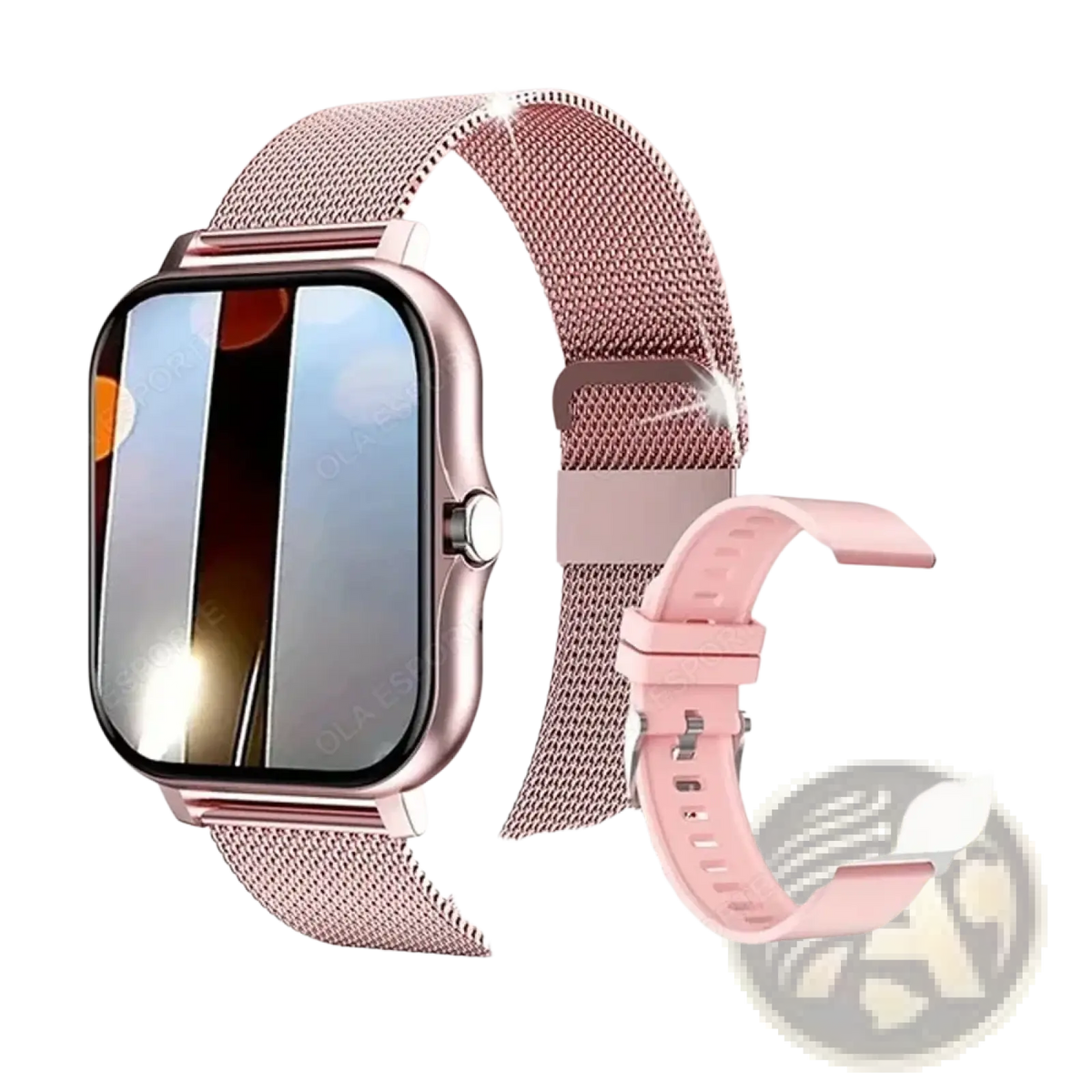 Rose gold mesh watch band and pink silicone strap accessory with matching smartwatch display for smart watch 1.83 inch bluetooth call fitness tracker