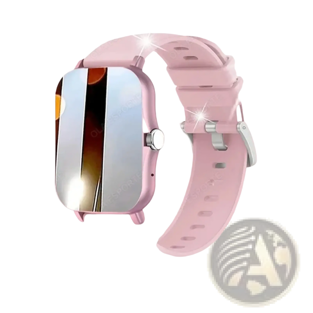 Pink silicone smartwatch with reflective silver screen and metallic clasp featuring 1.83 inch bluetooth call fitness tracker