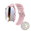 Pink silicone smartwatch with reflective silver screen and metallic clasp featuring 1.83 inch bluetooth call fitness tracker