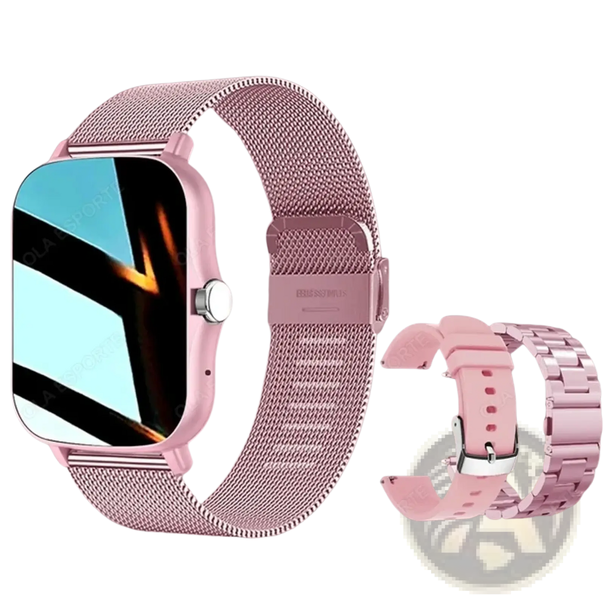 Pink mesh metal smartwatch with 1.83 inch rectangular screen and matching milanese band plus extra silicone strap for fitness tracking