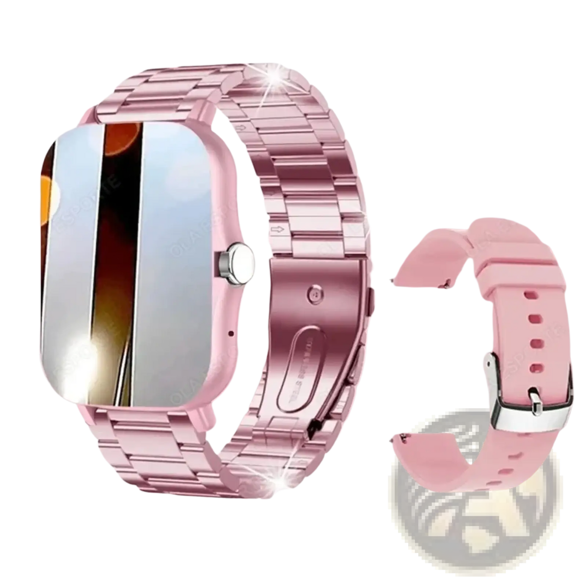 Smart watch 1.83 inch bluetooth call fitness tracker with rose gold metallic link band and pink silicone strap