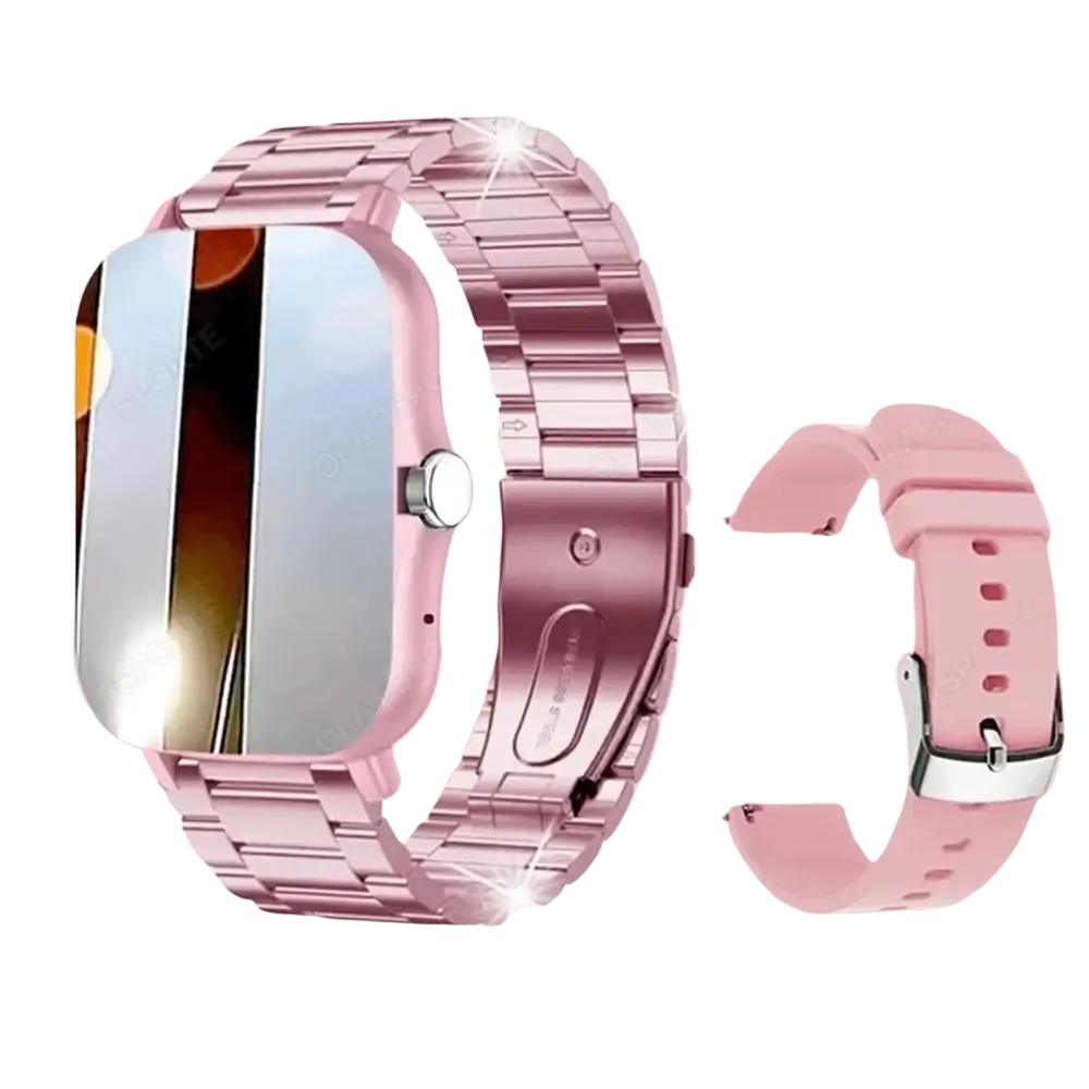 Smart watch 1.83 inch bluetooth call fitness tracker with rose gold metallic link band and pink silicone strap