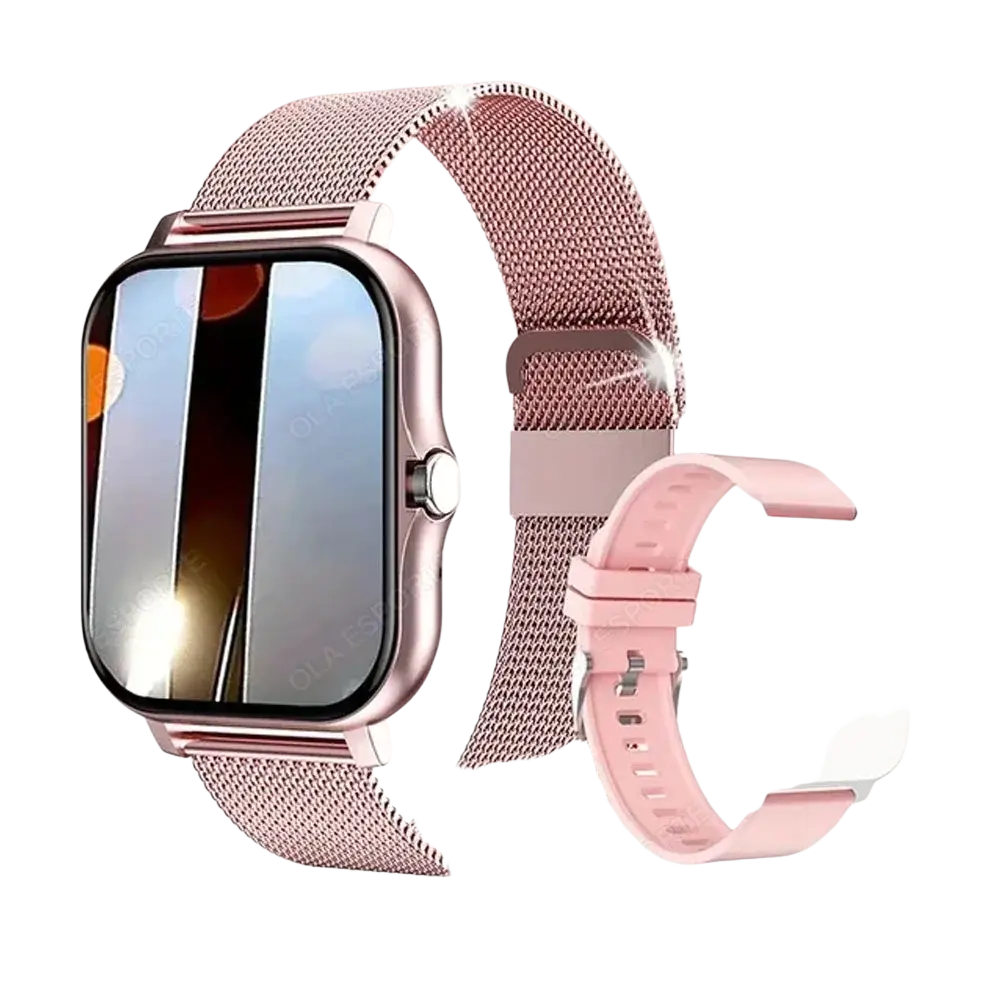 Rose gold mesh watch band and pink silicone strap accessory with matching smartwatch display for smart watch 1.83 inch bluetooth call fitness tracker