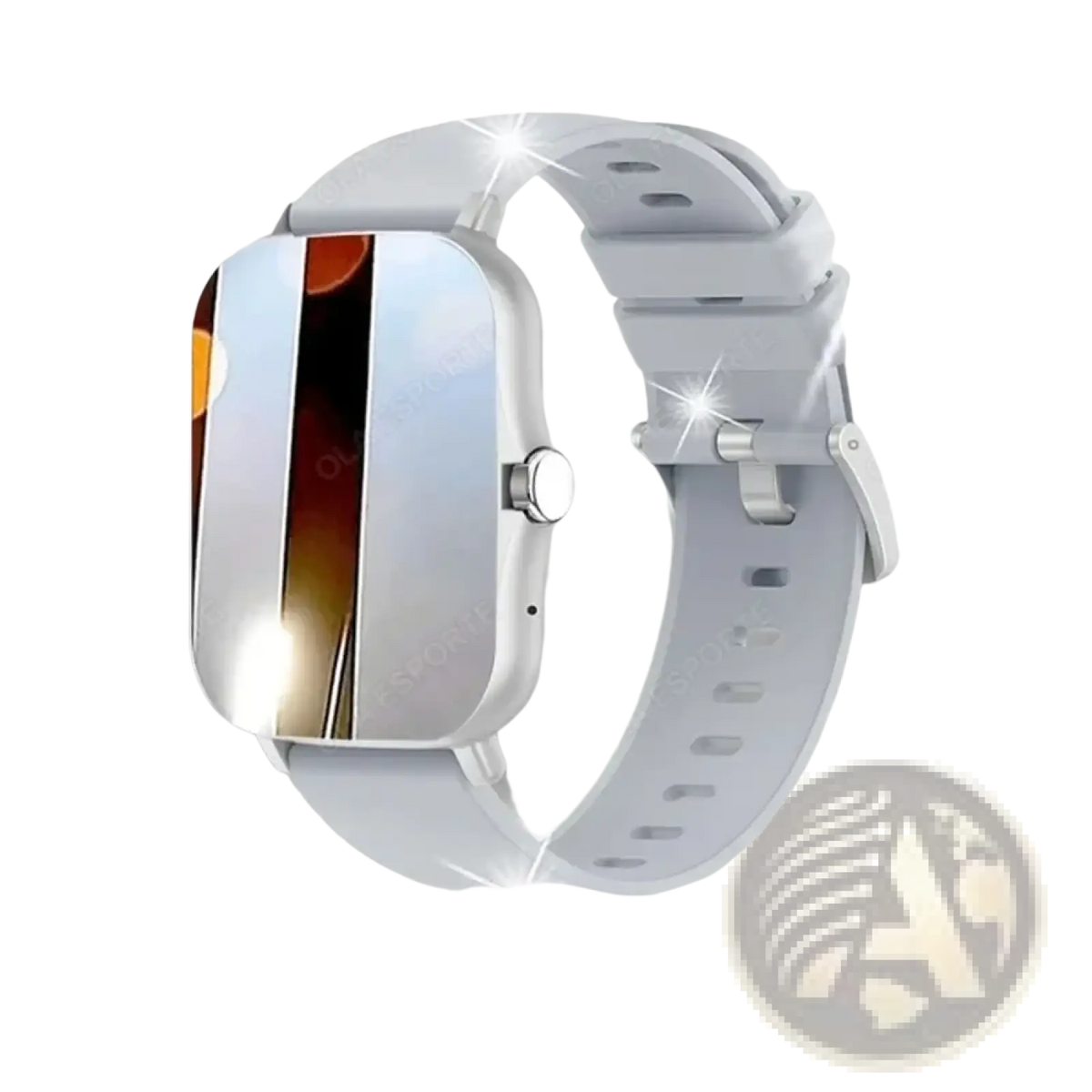 Silver rectangular smart watch with 1.83 inch reflective screen and white silicone strap for fitness tracking and calls