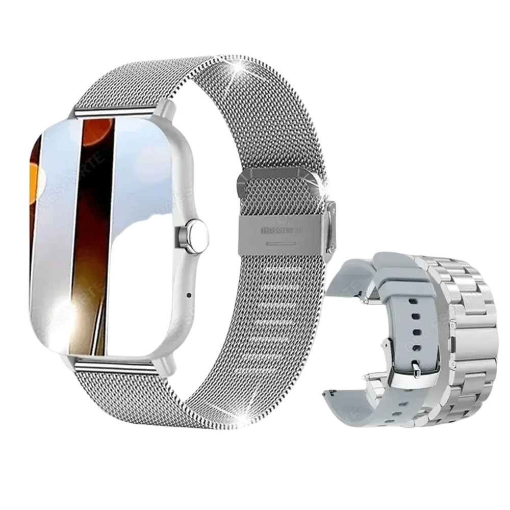 Smart watch 1.83 inch with silver mesh watch band featuring a sleek modern design and reflective surface for fitness tracking