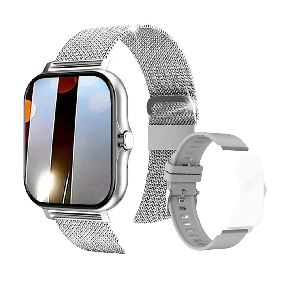 Smart watch 1.83 inch bluetooth call fitness tracker with silver mesh band and sleek rectangular minimalist face