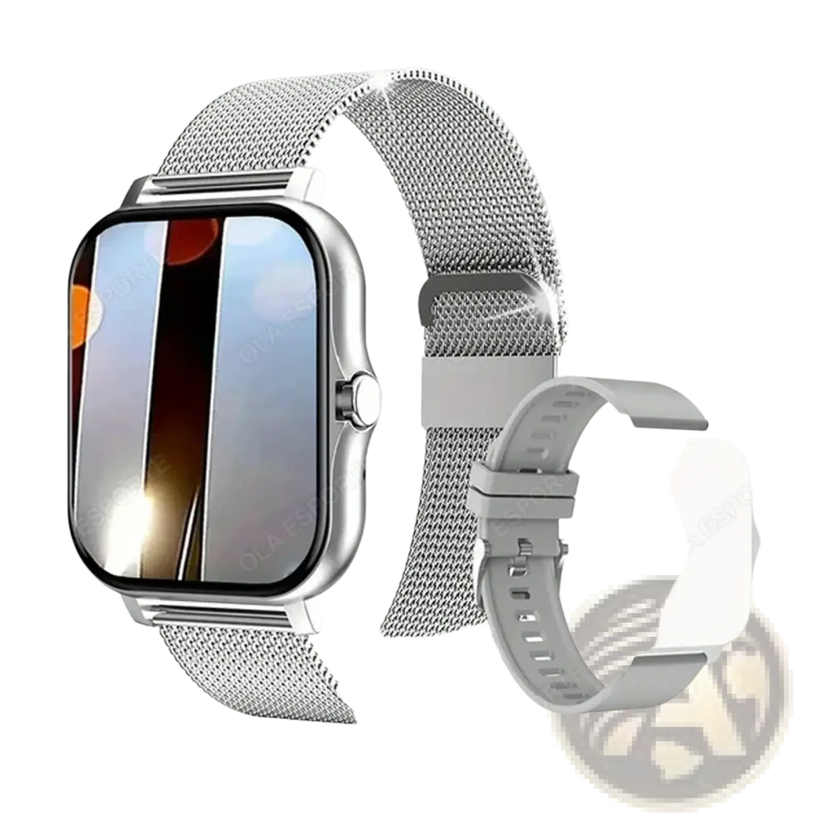 Smart watch 1.83 inch bluetooth call fitness tracker with silver mesh band and sleek rectangular minimalist face