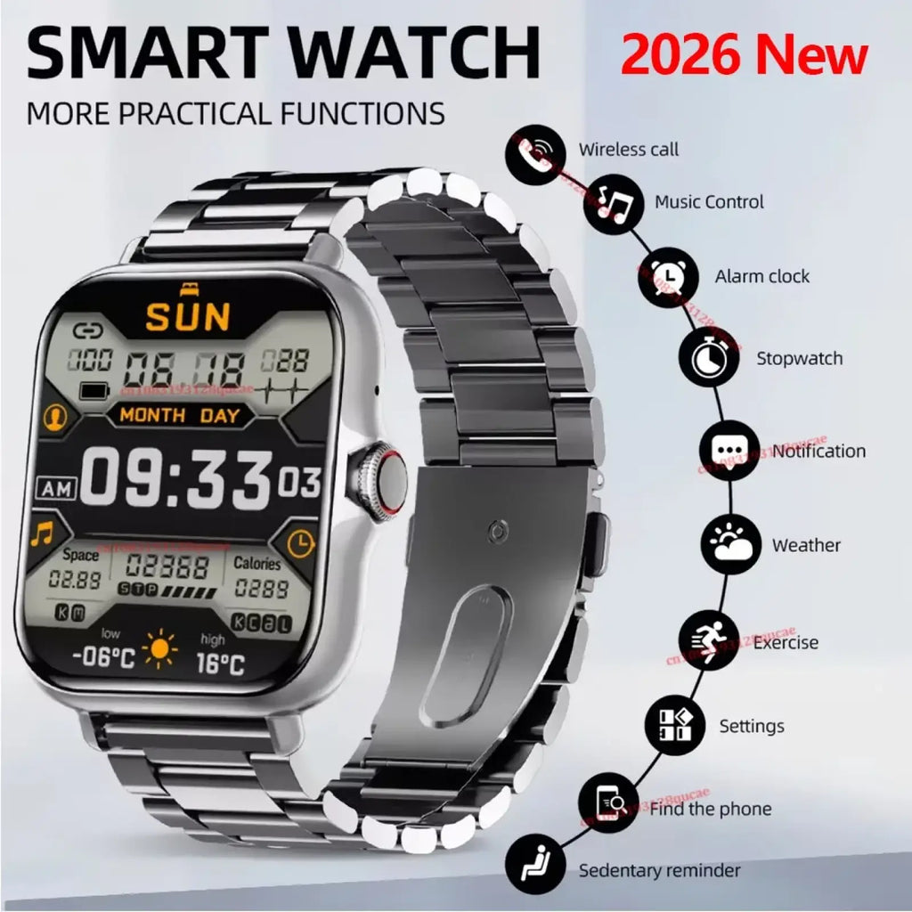 Silver stainless steel smartwatch with 1.83 inch rectangular display showing time date weather and fitness metrics