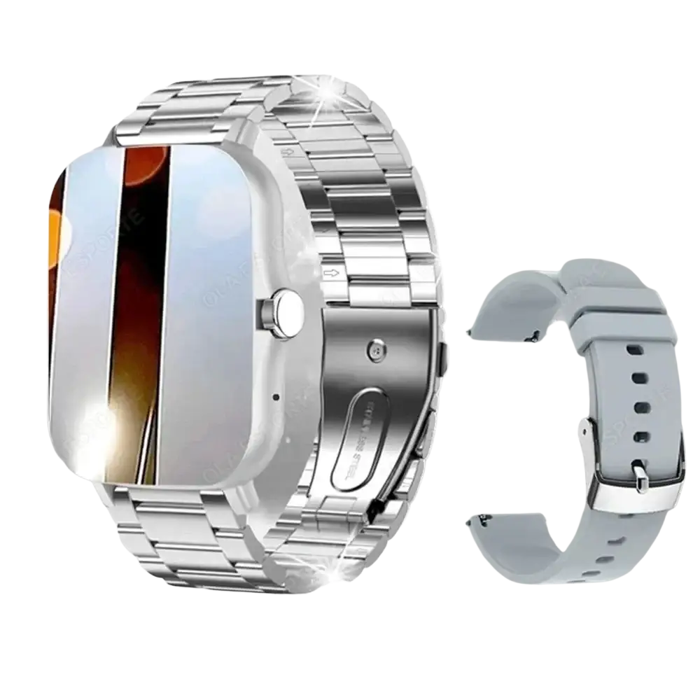 Silver stainless steel watch band with polished interlocking links for smart watch 1.83 inch bluetooth call fitness tracker