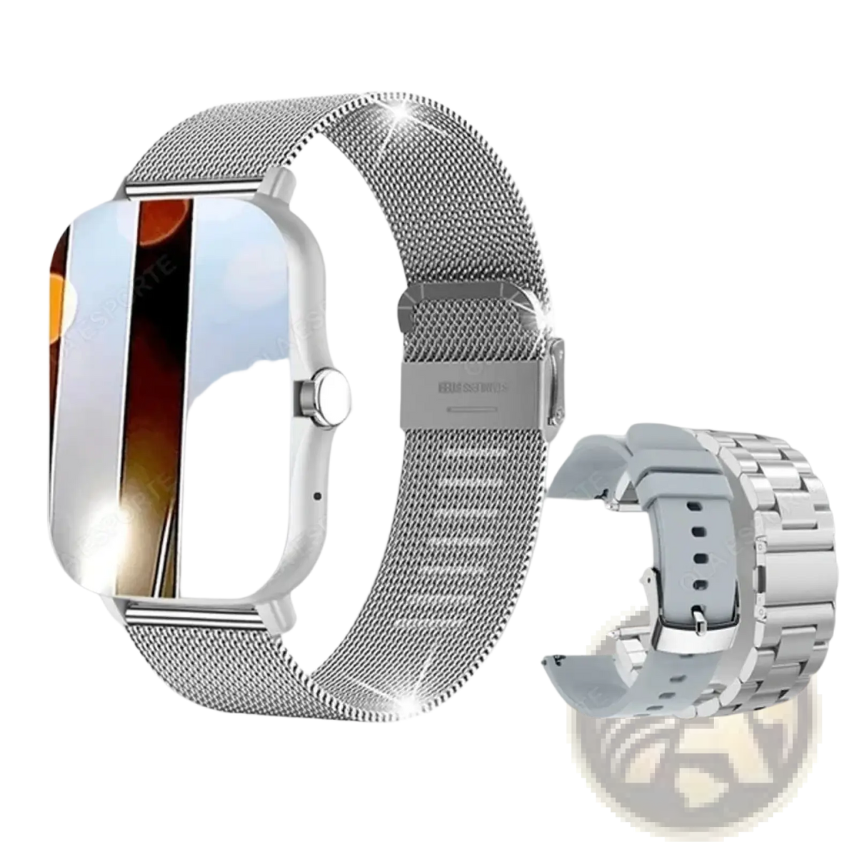 Smart watch 1.83 inch with silver mesh watch band featuring a sleek modern design and reflective surface for fitness tracking