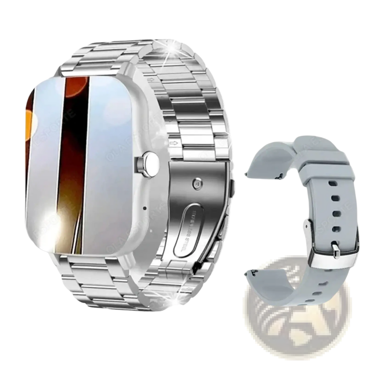 Silver stainless steel watch band with polished interlocking links for smart watch 1.83 inch bluetooth call fitness tracker