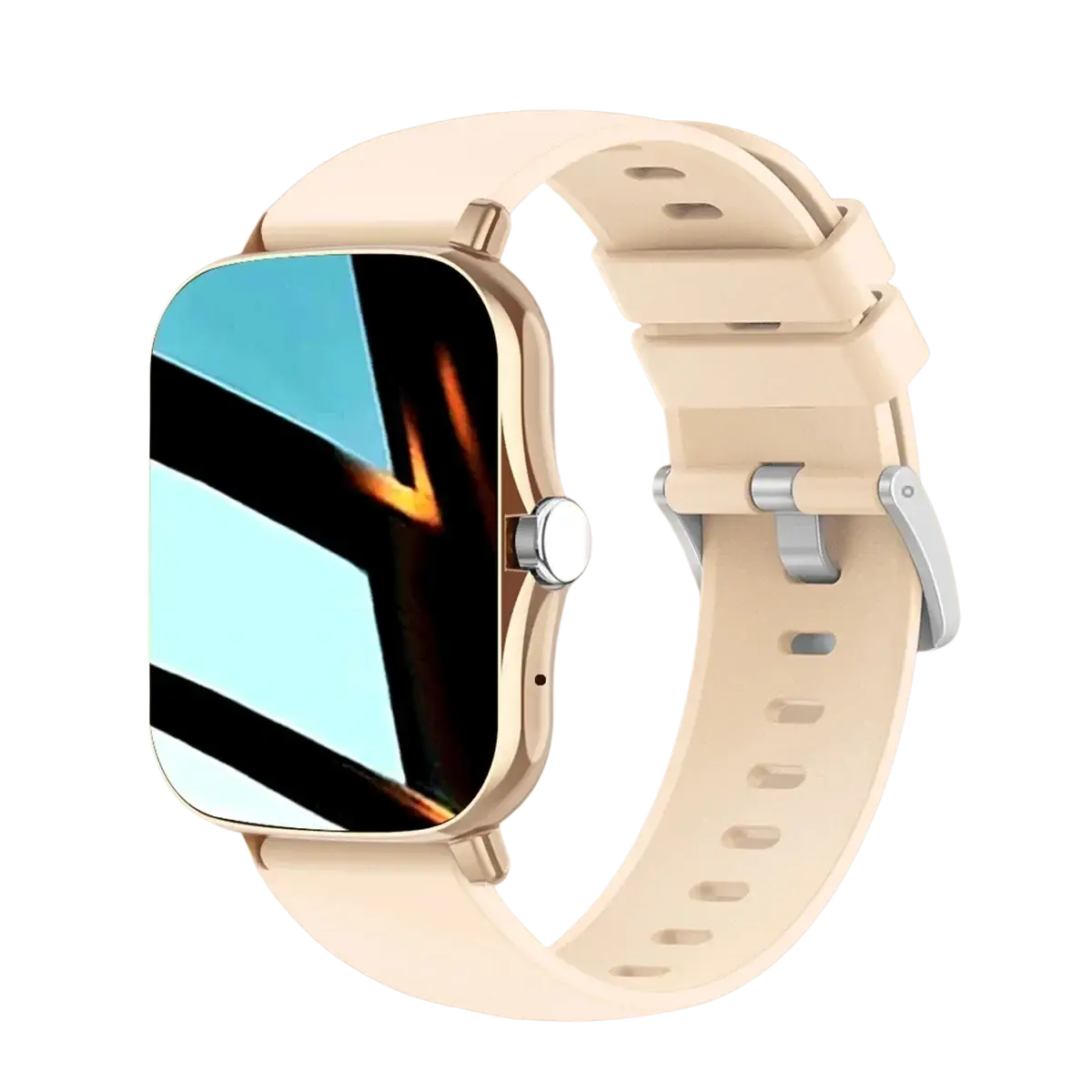 Beige silicone strap smart watch bluetooth fitness tracker with gold-tone frame and silver side button