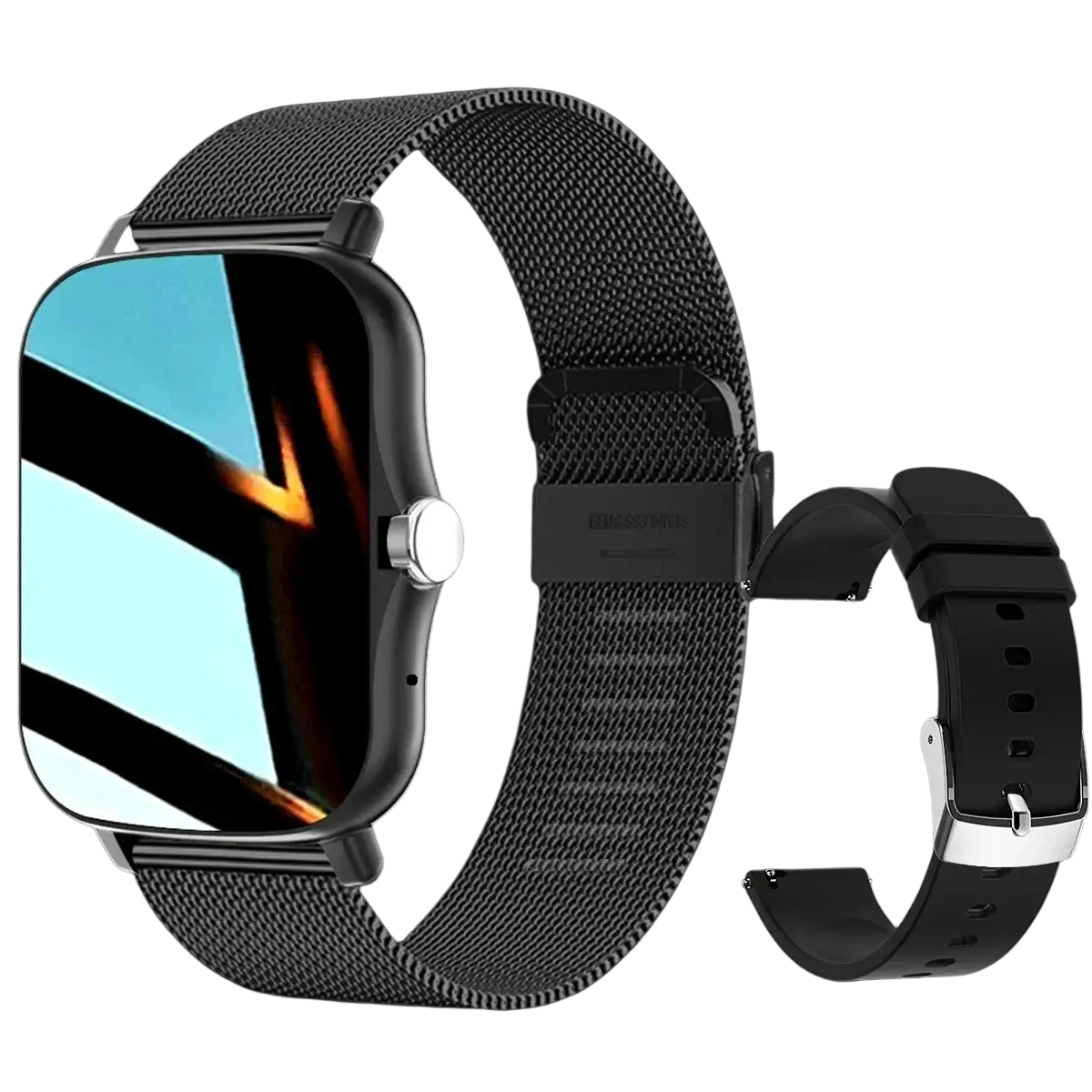 Black mesh watch band with silver buckle and matching black silicone strap for smart watch bluetooth fitness tracker hd display