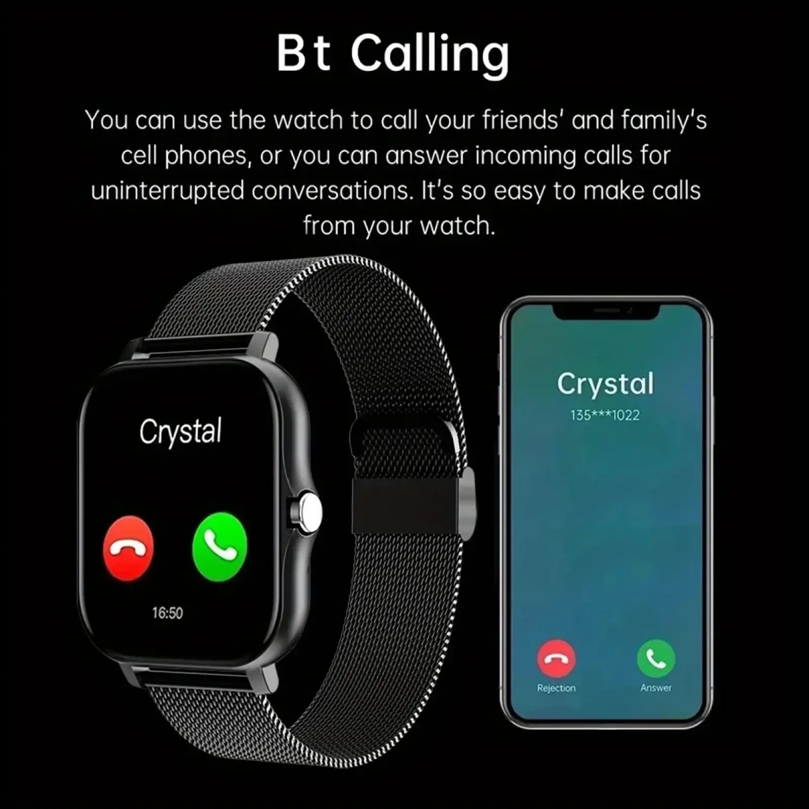 Black mesh band smart watch with square hd display showing call interface for bluetooth fitness tracking