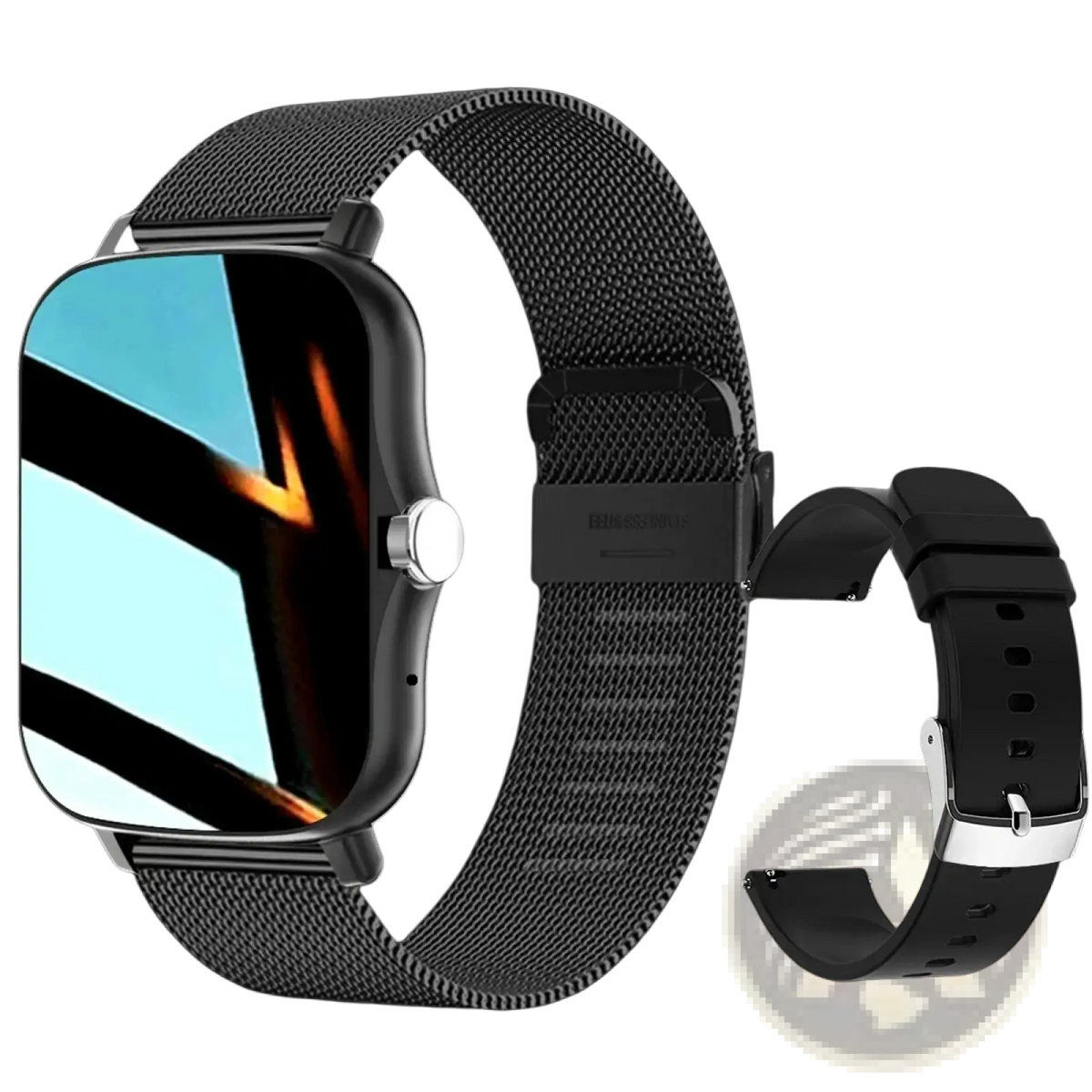 Black mesh watch band with silver buckle and matching black silicone strap for smart watch bluetooth fitness tracker hd display