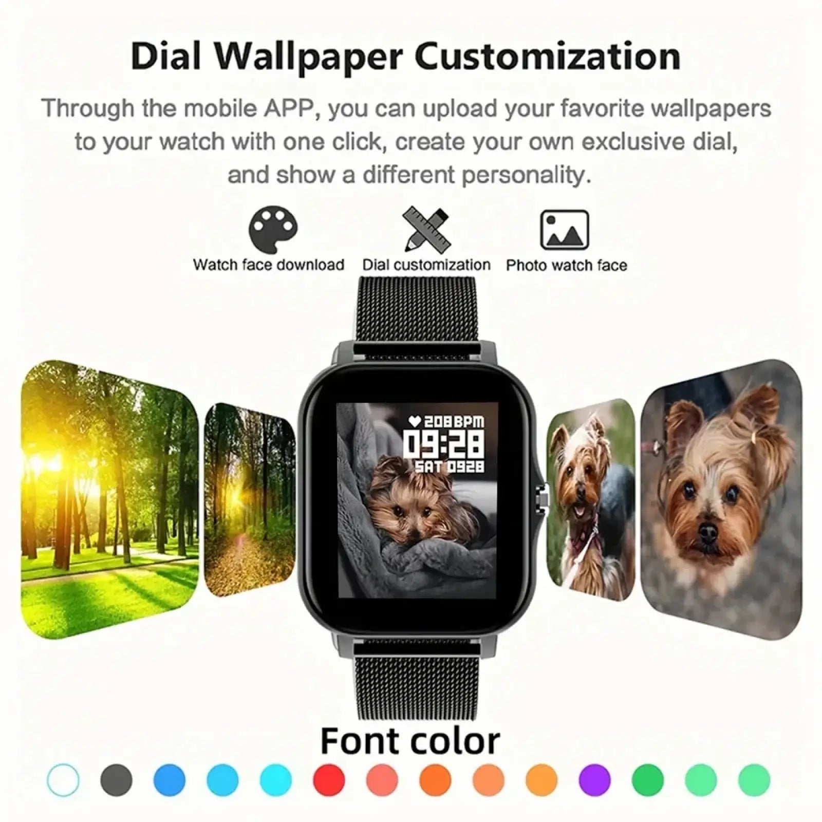 Black mesh strap smart watch with customizable digital dial displaying dog photo and time for Bluetooth fitness tracking