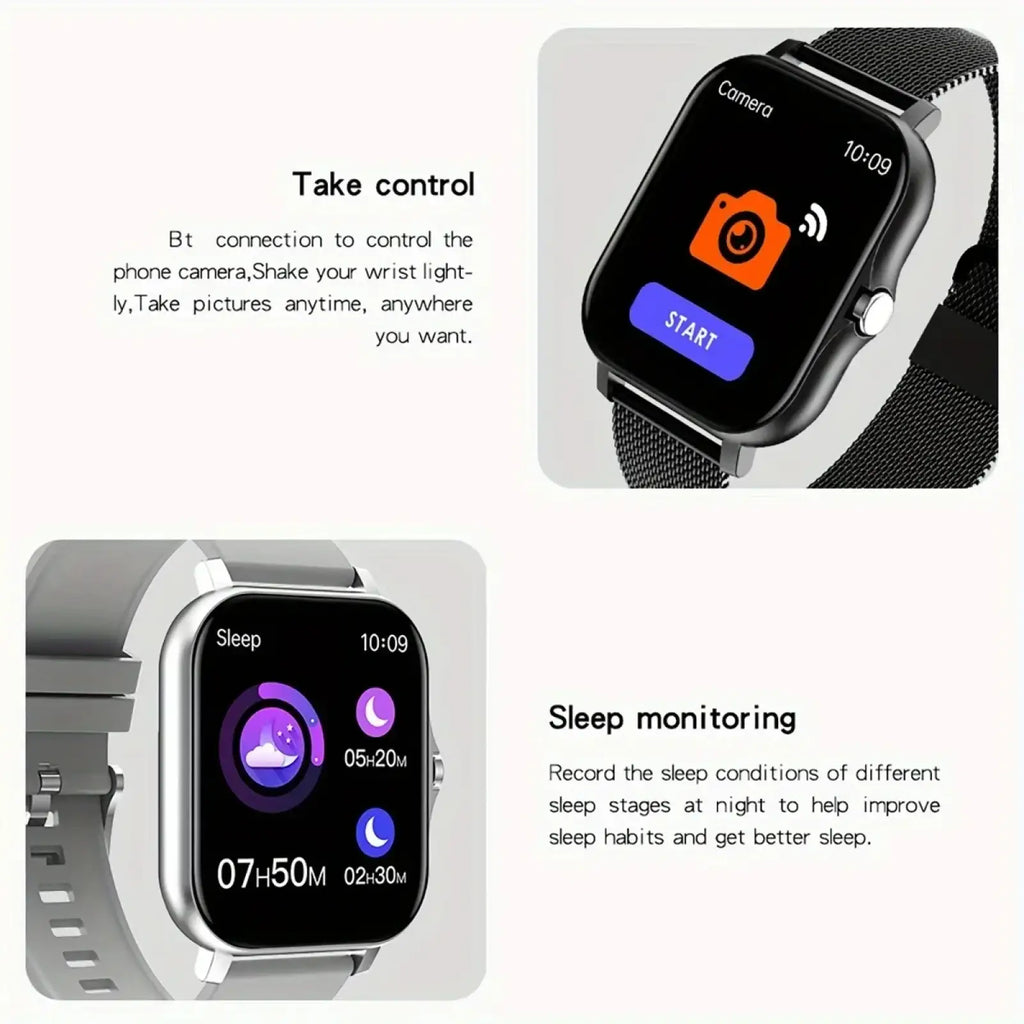 Black mesh strap smart watch with square hd display showing camera and sleep monitoring features fitness tracker bluetooth