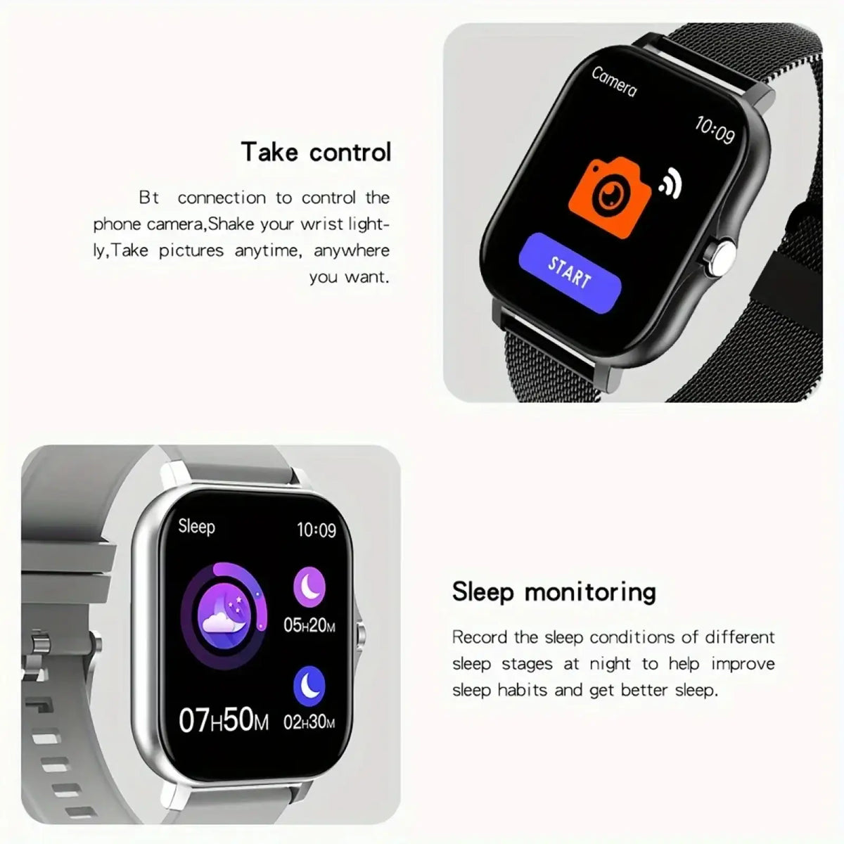 Black mesh strap smart watch with square hd display showing camera and sleep monitoring features fitness tracker bluetooth