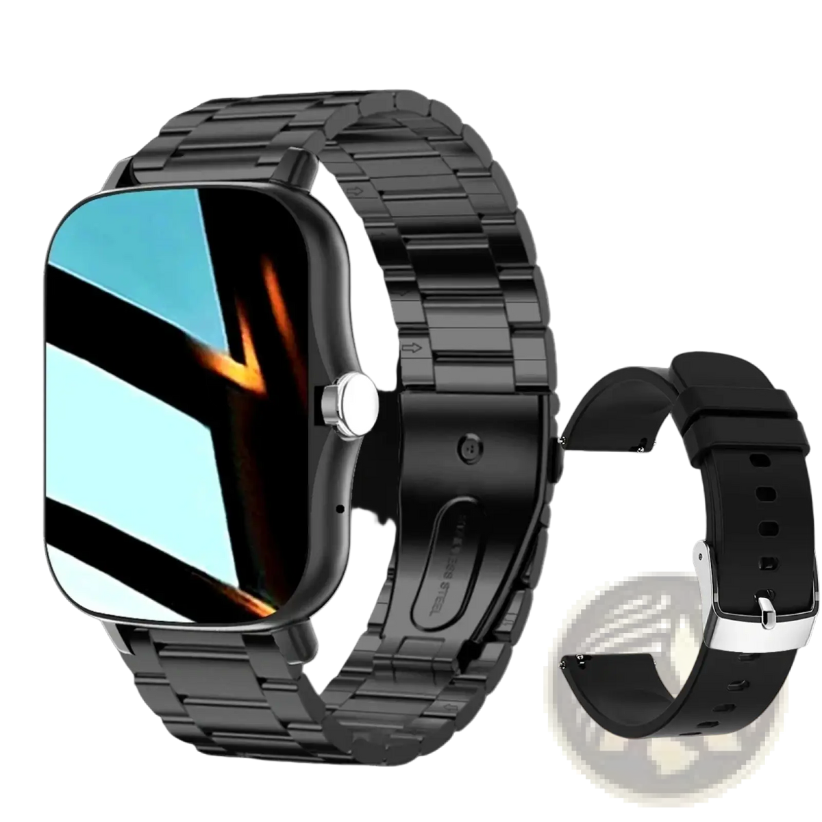 Black metal-link smartwatch with matching black silicone strap and rectangular hd display showing blue and orange graphics