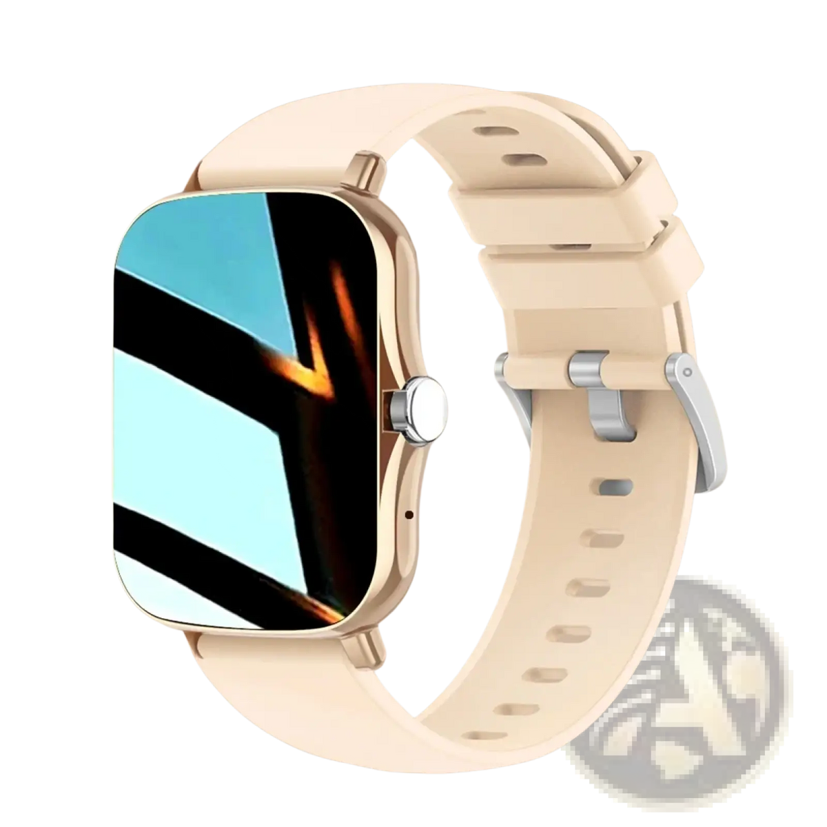 Beige silicone strap smart watch bluetooth fitness tracker with gold-tone frame and silver side button