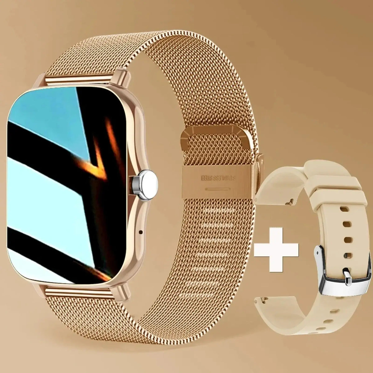 Gold-tone mesh band smartwatch with HD display and additional beige silicone strap for Bluetooth fitness tracking