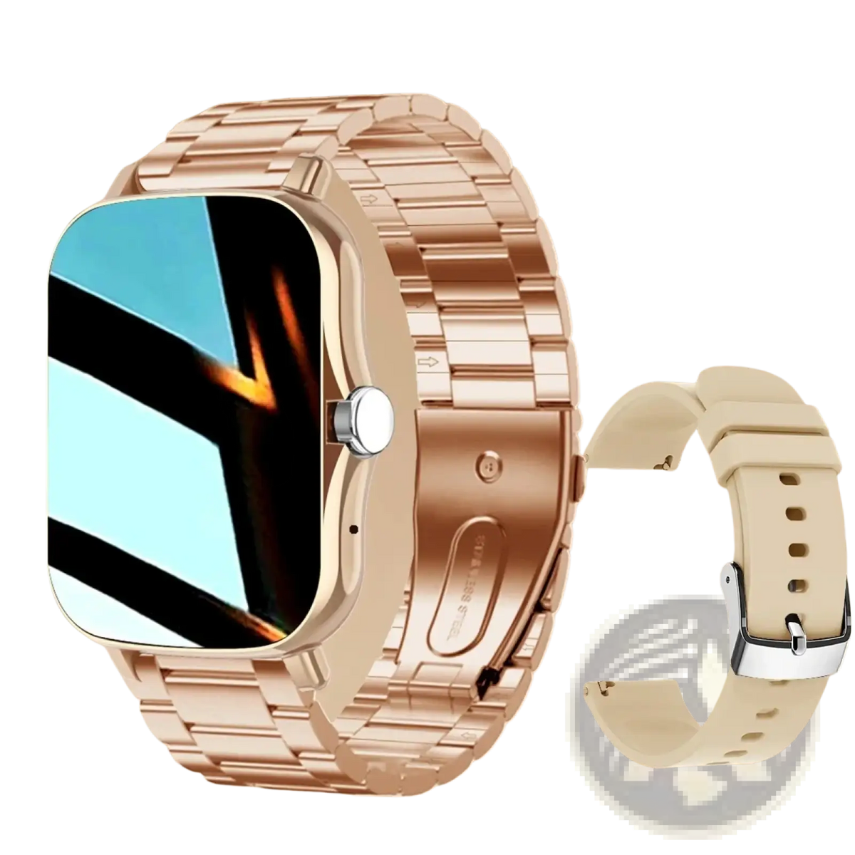 Rose gold metal link smartwatch with rectangular hd display and additional beige silicone strap for fitness tracking