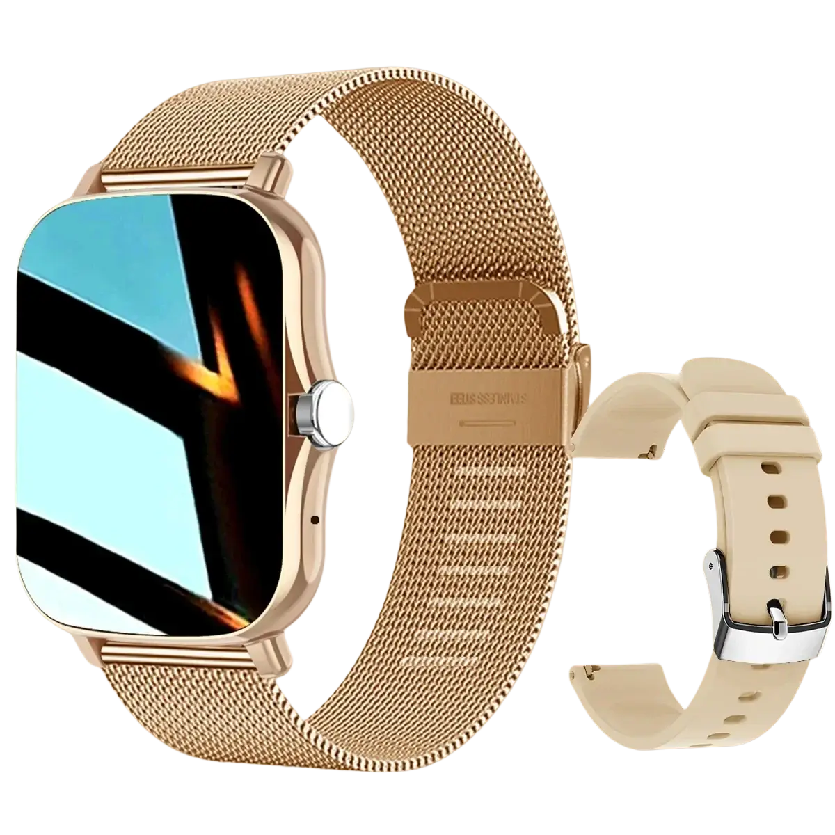 Gold-tone mesh band smartwatch with HD display and additional beige silicone strap for Bluetooth fitness tracking