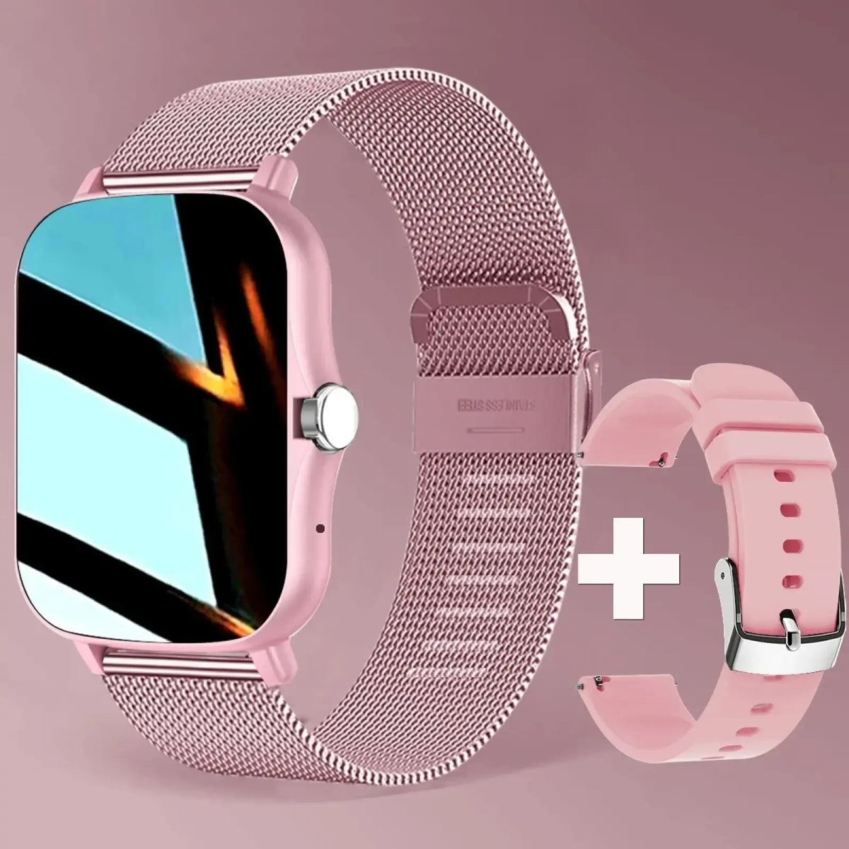 Pink smartwatch bluetooth fitness tracker with hd display, mesh metal band, and additional pink silicone strap beside it