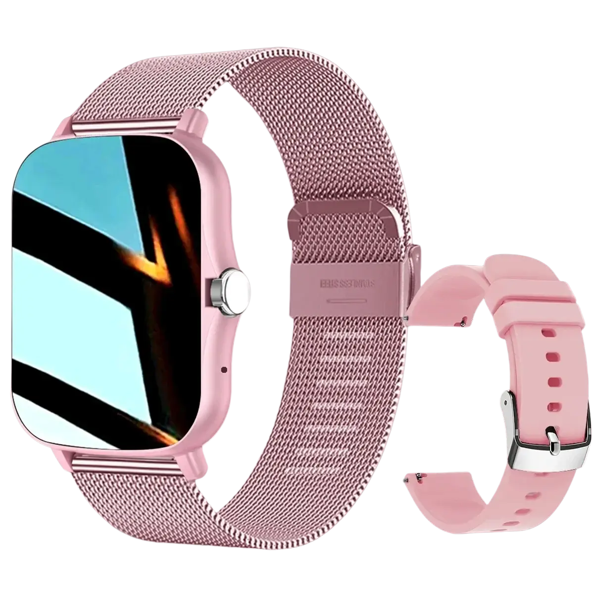 Pink smartwatch bluetooth fitness tracker with hd display, mesh metal band, and additional pink silicone strap beside it