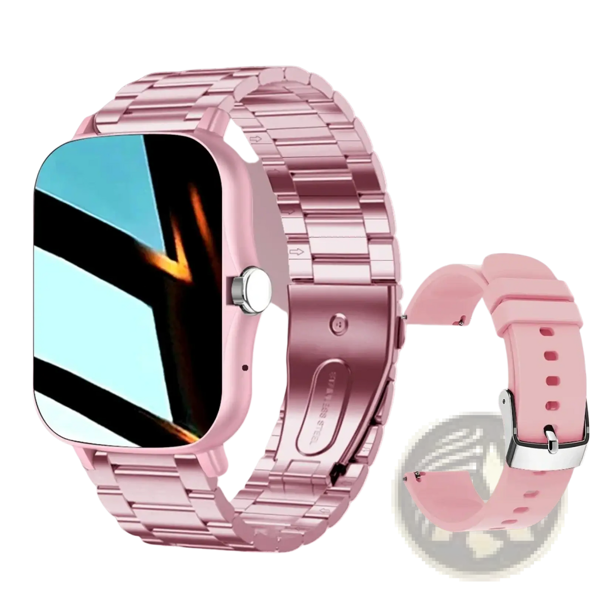 Rose gold metallic link watch band with matching pink silicone strap for smart watch bluetooth fitness tracker hd display