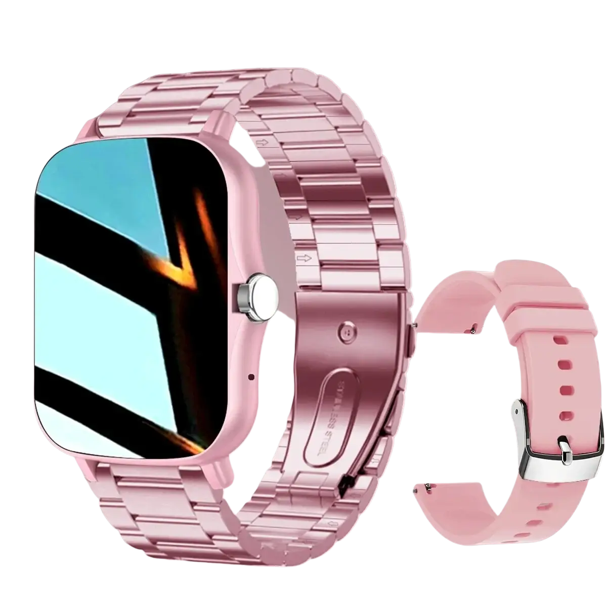 Rose gold metallic link watch band with matching pink silicone strap for smart watch bluetooth fitness tracker hd display